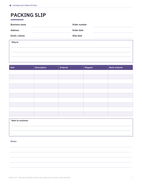 Preview of Printable Packing Slip Template